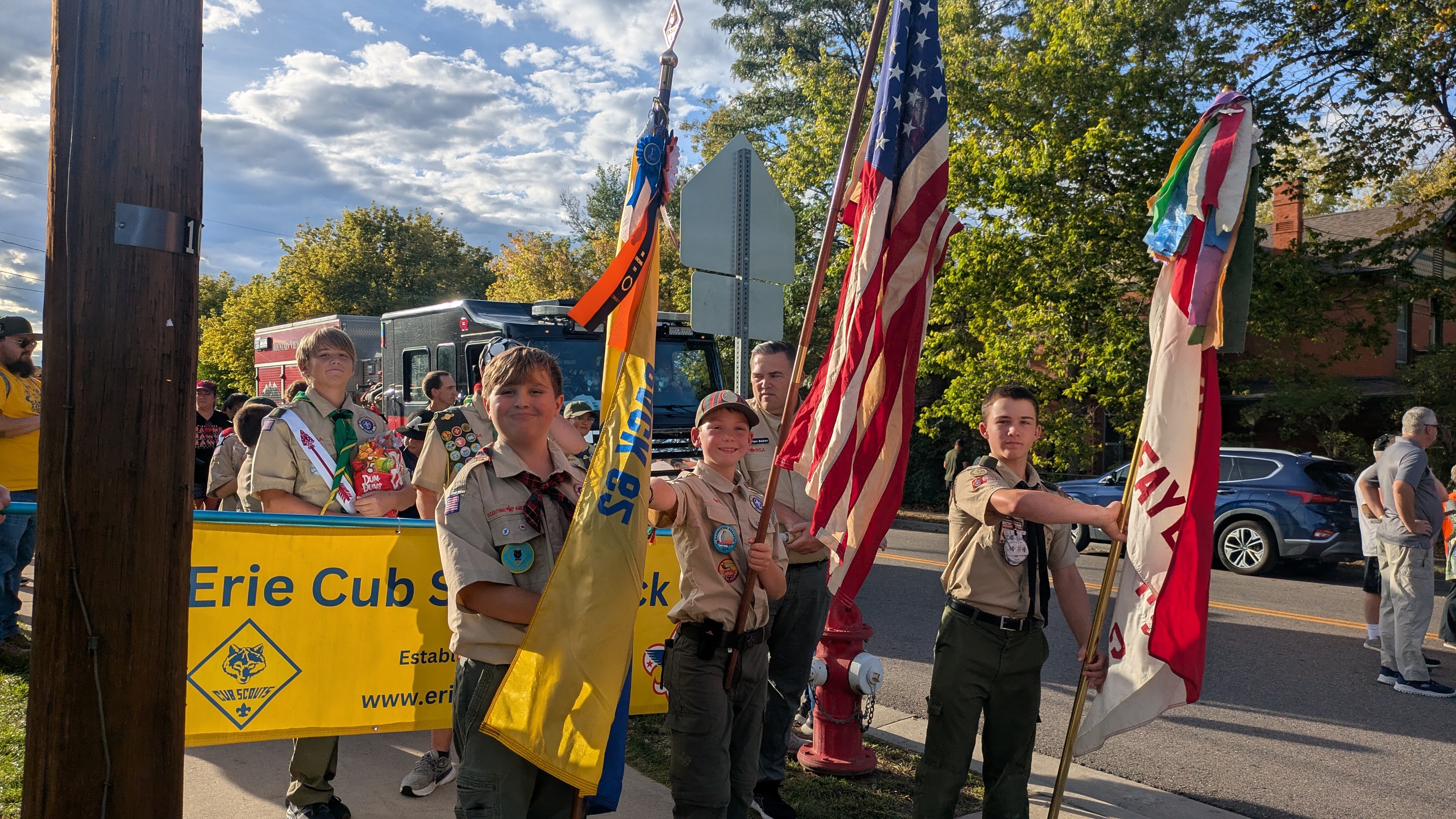 Pack 62 color guard at Erie Homecoming Parade