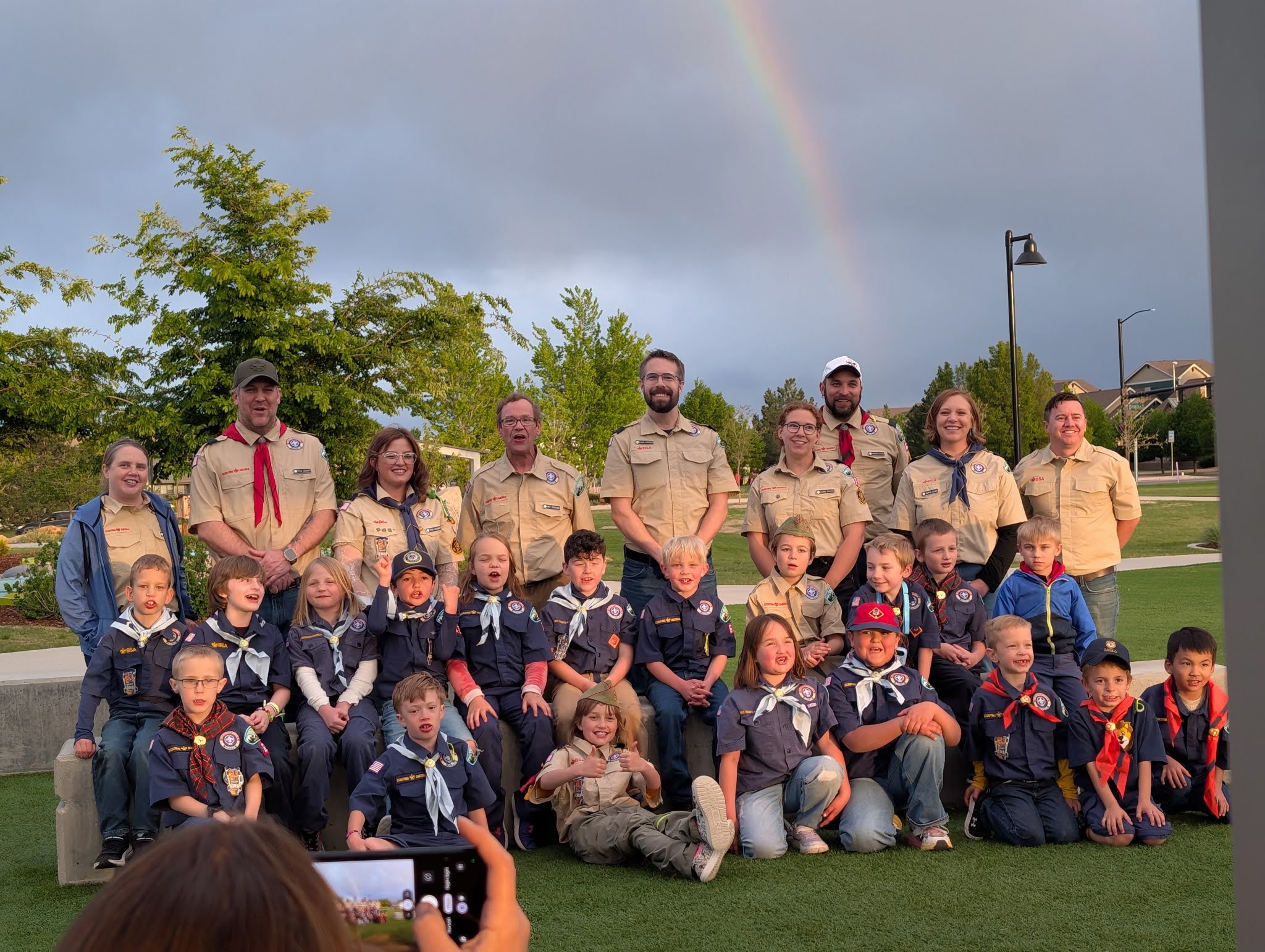 Pack 62 group photo with rainbow — Erie, CO